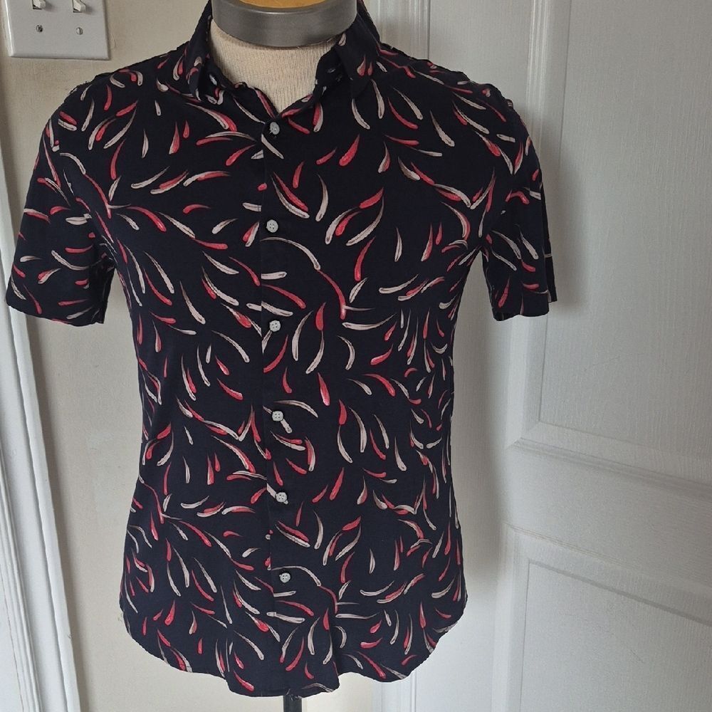 Stylish Navy Blue and Red Leaf Pattern Men's Cotton  Shirt